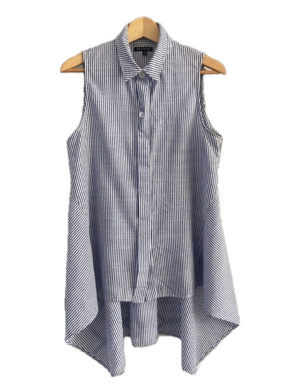 FOR CYNTHIA Linen Cotton Sleeveless Striped Shirt Medium Blue White Fishtail Hem